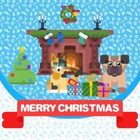 Christmas poster with animals and fireplace.card vector