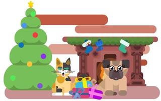 animals near the fireplace near the new year tree vector