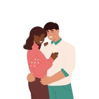 linda diversidad pareja abrazándose. Feliz día de San Valentín. pareja enamorada. hombre y mujer abrazándose cariñosamente. amorosa pareja abrazándose. bandera. aislado sobre fondo blanco. vector