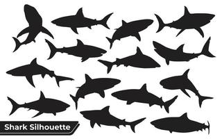 Colección de silueta de tiburón animal en diferentes poses.