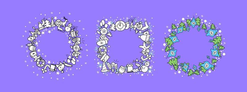 christmas frames on a purple background with place for text. set of icons for the new year