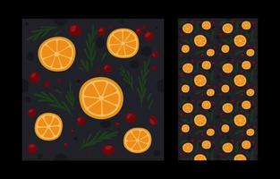 New year hand drawn pattern with orange, red berries and green firs. Decoration for christmas card and packaging paper. Seamless texture. vector