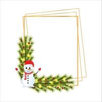 Christmas frame with green leaves on a white background. Xmas frame with a snowman wearing a red hat. Christmas lights, Xmas frame, green leaves, snowflakes, red berries, snowman, star lights. vector