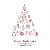 Diseño de tarjeta de felicitación de Navidad con árbol de Navidad. tarjeta blanca de navidad con adornos rojos. caja de regalo. Banner de redes sociales con el pino, bastón de caramelo, calcetín sobre un fondo blanco. banner de navidad, tarjeta de navidad