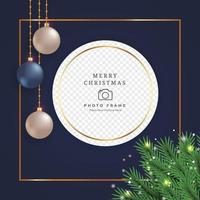 Christmas photo frame elements with a luxurious background with the blue and white color ball. Photo frame design with snowflake and decoration ball. Realistic 3D frame design with pine tree elements. vector