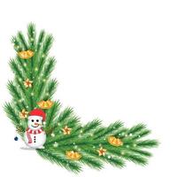 rincón navideño con campanas doradas y un muñeco de nieve. esquina de Navidad con copos de nieve y estrellas doradas. esquina navideña, elemento navideño, hojas de pino verde, estrella, muñeco de nieve, bolas decorativas, cascabel. vector