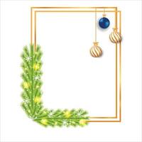 Christmas Realistic frame with decorative balls pine leaves, snowflakes. Xmas frame for social media. Square photo frame with snowflakes, lights, blue ball, golden ball on white background. vector