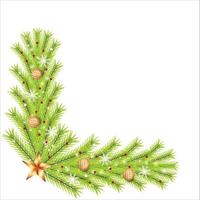 Christmas corner with golden balls and snowflakes. Xmas corner with red holly berries, golden stars. Christmas corner, Christmas element, green pine leaves, holly berries, star lights, Xmas ball. vector