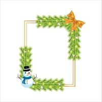 Christmas frame snowman with bright pine leaves , snowflakes, white ball. Xmas frame on white background. Merry Christmas decoration element with red berries and star lights. Christmas elements. vector