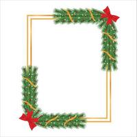 Christmas frame with green pine leaves and red berries. Xmas frame with golden, red ribbons and snowflakes. Christmas photo frame with snowflakes, lights, and green leaves on white background. vector