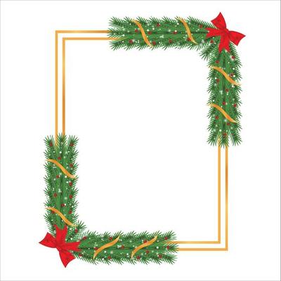 Christmas frame with green pine leaves and red berries. Xmas frame with golden, red ribbons and snowflakes. Christmas photo frame with snowflakes, lights, and green leaves on white background.