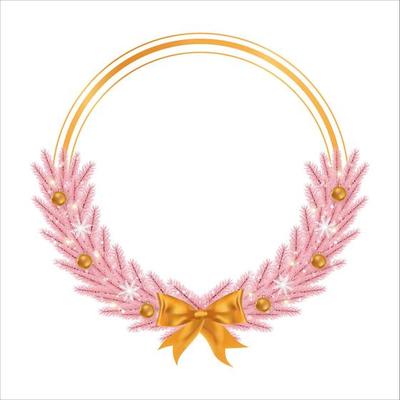 Christmas frame with pink leaves and golden decoration ball. Xmas frame with golden ribbon. Christmas ball, Xmas frame, round frame, pink pine leaves, snowflakes, golden ribbon, girly frame.