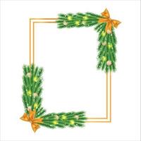 Christmas frame with golden-white balls, pine branch, golden ribbon. Xmas frame on white background. Realistic square photo frame with star lights, snowflakes, and golden ribbon. vector
