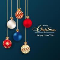 Elementos de decoración del árbol de Navidad con lujosos colores rojo, azul, blanco y dorado y cinta dorada. Diseño de bola 3d con copo de nieve y arte de revolver. colección de diseño de bolas 3d realista y caligrafía vector