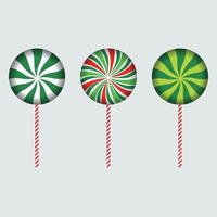 Christmas round candy with red, off-white, pink, and lime color strips. Round candy design on an ash background. Set of three Christmas candies. Christmas candy vector design collection for kids