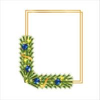Christmas frame with blue decoration balls, pine branch, starlight. Xmas frame on white background. Realistic golden square photo frame with star lights, snowflakes, decoration ball, and golden ribbon vector
