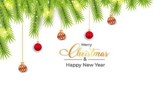 Christmas white background elements with luxurious red and golden decoration balls. Background design with pine tree branch and decoration ball. Realistic background design with a pine tree branch. vector