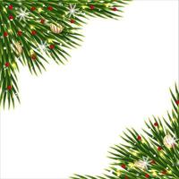 rincones navideños con frutos rojos y bola de decoración. esquina de Navidad con copos de nieve y hojas verdes. esquina navideña, elemento navideño, hojas verdes, bola decorativa, bayas de acebo, luces de estrellas. vector