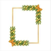 Christmas frame with green pine leaves, starlights, golden ribbon. Xmas golden frame snowflakes. Merry Christmas decoration elements with golden ribbons and shiny snowflakes. Christmas elements. vector