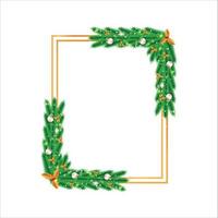 Christmas frame with pine branch and red berries. Xmas frame with golden leaves and snowflakes. Realistic Christmas frame with white decoration ball and lights on white background. vector