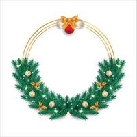 Christmas frame on a white background. Xmas frame with dark green leaves and golden leaves and balls. Christmas red ball, Xmas frame, green leaves, snowflakes, golden ball, golden ribbon, star lights. vector