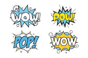 Wow comic blast with blue, white, and yellow color. Pow comic explosion with yellow and blue color. Comic burst with colorful pop and wow. Pop explosion bubbles for cartoon speeches. vector