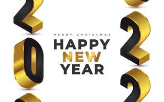Elegante diseño de banner de año nuevo con números 3d en estilo negro y dorado. feliz año nuevo 2022. plantilla de diseño de celebración de año nuevo para volante, cartel, folleto, tarjeta, pancarta o postal vector