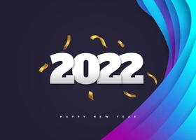 Happy New Year 2022 Banner or Poster with Golden Confetti on Colorful Background. 2022 Logo or Symbol. Holiday Vector Illustrations