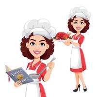 Chef woman, set of two poses. Cook lady vector