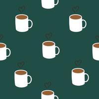 White Coffee Mug with Heart Steam Seamless Pattern Dark Green Background vector