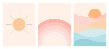 Set of abstract background.sun, rainbow, minimal landscape with mountains vector illustration.