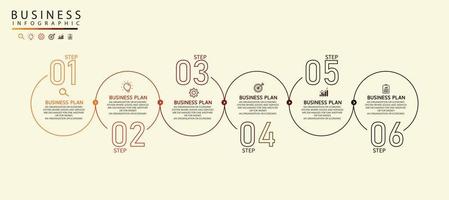 six-step options infographic process step chart with line icon data vector concept It can be used in educational business flow charts, step data charts, and infographics.