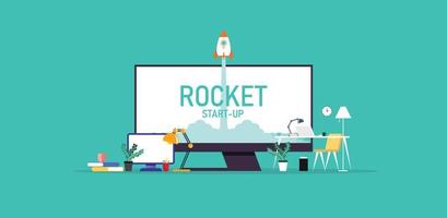 The start of a business project, thought planning leads to success. Rocket launch from laptop screen vector