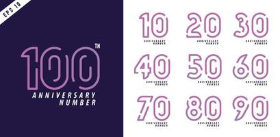 Anniversary and date numbers set modern numeral symbol design for 10-100 poster vector illustration