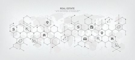 Fondo de tecnología con iconos de símbolo de negocios para la venta y lista de bienes raíces corredores y contratistas bienes raíces residenciales, inversión, proyecto de vivienda desarrollo de bienes raíces compra de bienes raíces vector