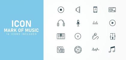 Music related vector line icons set with check mark Contains icons such as speaker, mic, headphones, phonograph, audio equipment, piano, notes and more as vector design illustration.