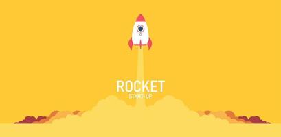 Launch of a rocket in the sky flying above the clouds a spaceship in the cloud business idea In Yellow Background Simple Design Modern Flat Style Vector Illustration
