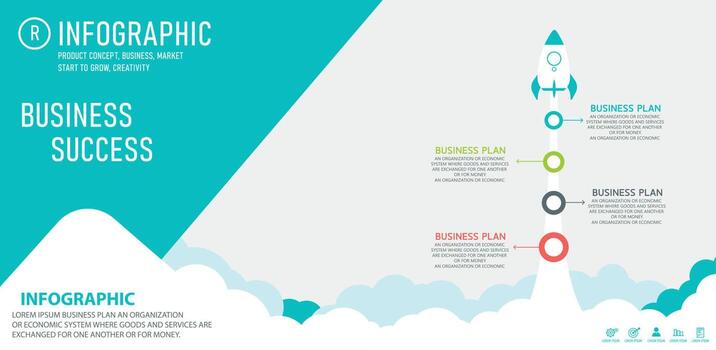 Startup infographic with startup info template. Abstract rocket vector illustration on white background. They can be used for strategic planning, layouts, workflows, business procedures