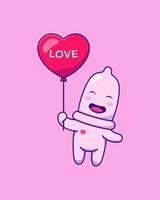 Cute condom character floating with love balloon vector