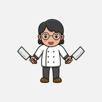 Cute chef with apron carrying butcher knives vector