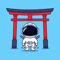 Cute astronaut in front of torii gate vector