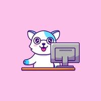 Cute cat working with computer vector