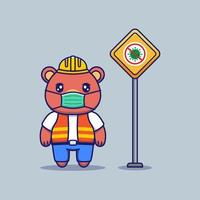 lindo oso con uniforme de trabajador de la construcción con máscara médica vector