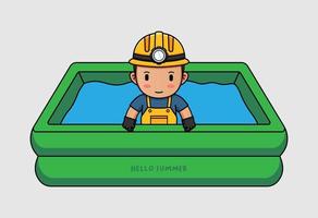 Cute miner swimming with hello summer greeting banner vector