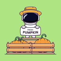 Cute astronaut selling fresh pumpkin vector