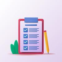 3d icon Checklist on a clipboard paper with pencil. Successful completion of list business tasks report vector