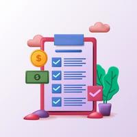 Money report list checklist clipboard report. 3d icon illustration for auditing finance document vector