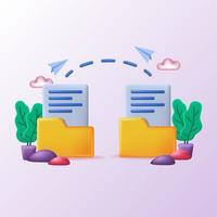 data folder transfer system technology illustration concept. 3d yellow folder with page document paper migration sending data and backup vector