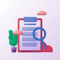 3d report list clipboard note business document icon concept with magnifying research survey contract