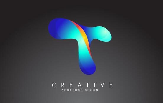 Colorful T letter logo with twisted lines effect. Rounded font style, vector design template.